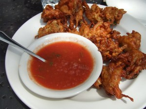 Paukada (veggies in a fried chick pea batter with a most delicious salsa)